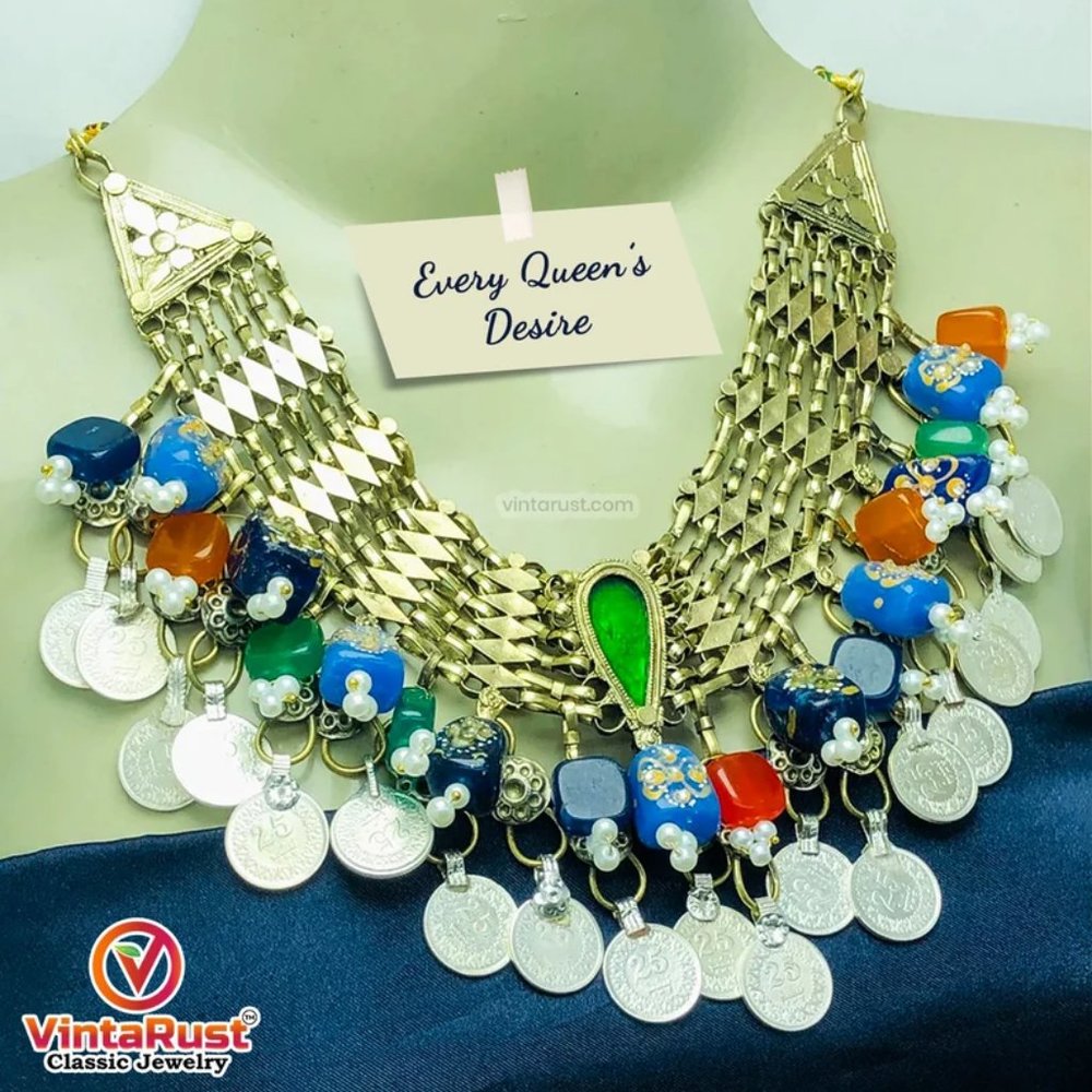 Vintage Kuchi Choker: Coin & Multicolor Glass Stone Necklace - Picture 7 of 9